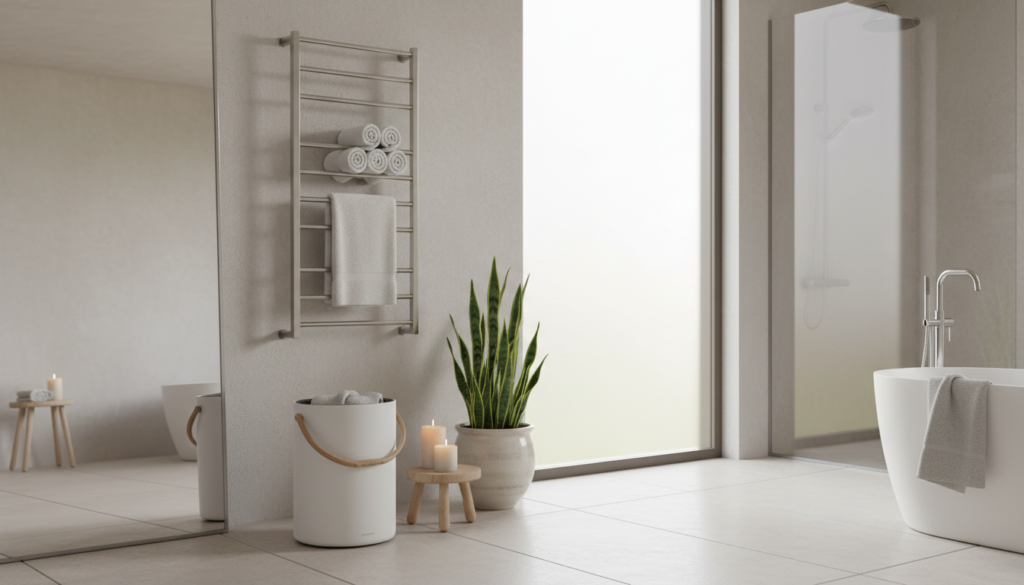A bathroom featuring both wall-mounted and bucket-style towel warmers, showing different options for the best home towel warmer A bathroom featuring both wall-mounted and bucket-style towel warmers, showing different options for the best home towel warmer