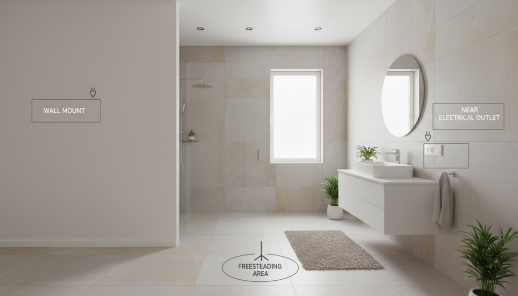 A bathroom showing different mounting styles of towel warmers: wall-mounted, freestanding, and hardwired options