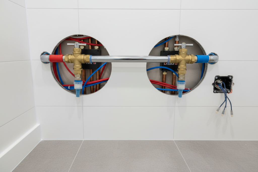 A bathroom showing plumbing connections for a hydronic towel warmer system