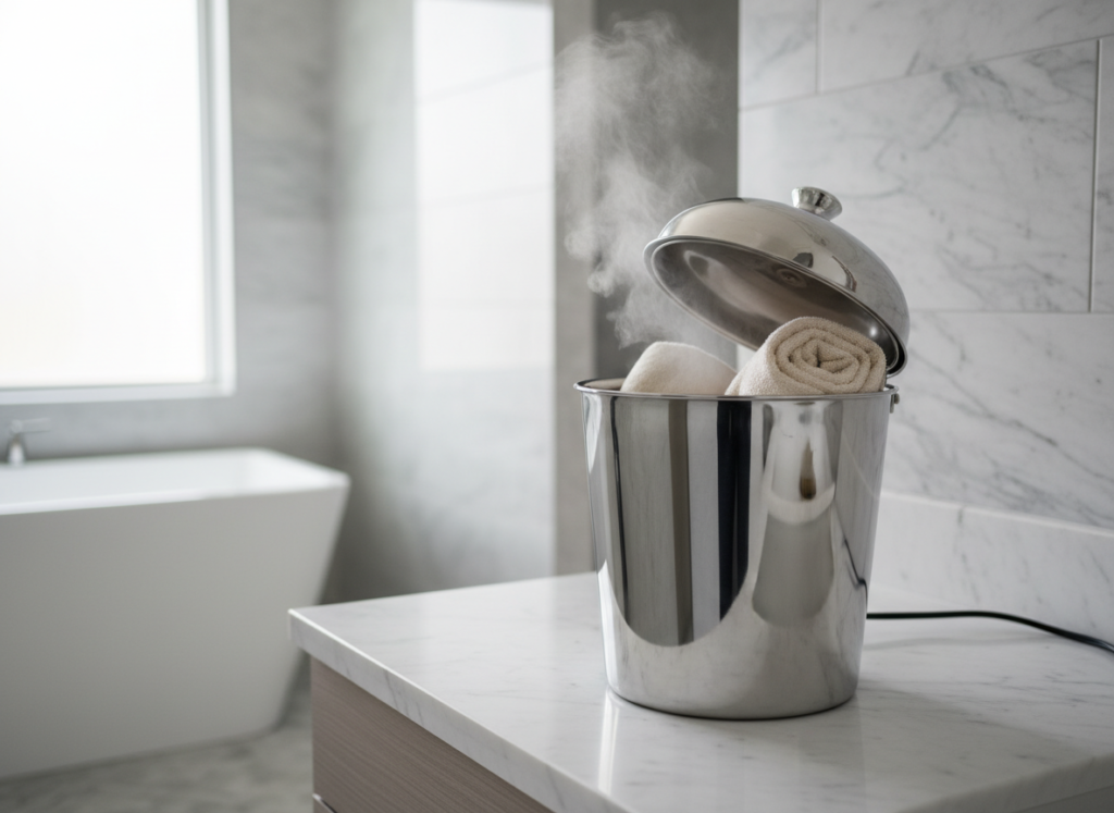 A bucket-style towel warmer with steam rising, showing how these best home towel warmers function A bucket-style towel warmer with steam rising, showing how these best home towel warmers function
