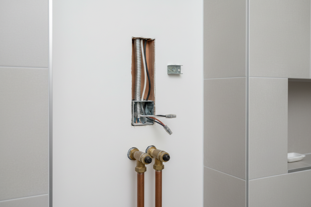 A clean bathroom wall with electrical installation for a hardwired towel warmer