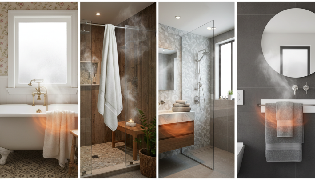 A collection of different Myson towel warmer styles in various bathroom settings