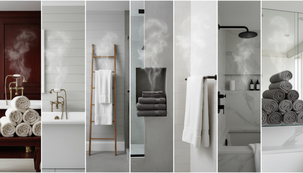 A comparison of different bathroom styles featuring Myson towel warmers