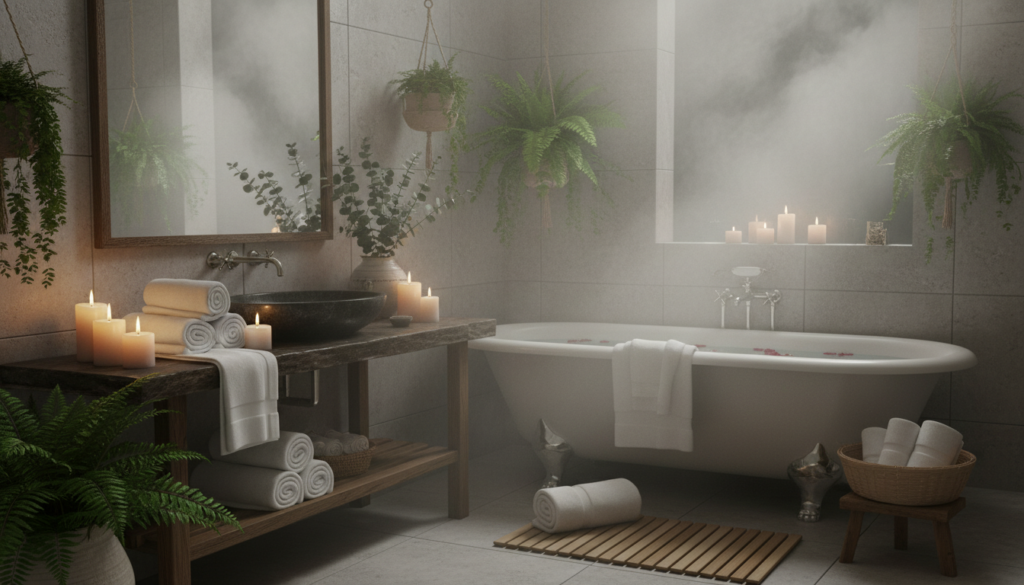 A cozy bathroom scene showing the benefits of using a freestanding towel warmer