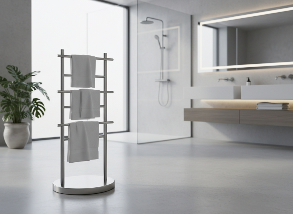 A freestanding towel warmer rack holding multiple towels in a spacious bathroom A freestanding towel warmer rack holding multiple towels in a spacious bathroom