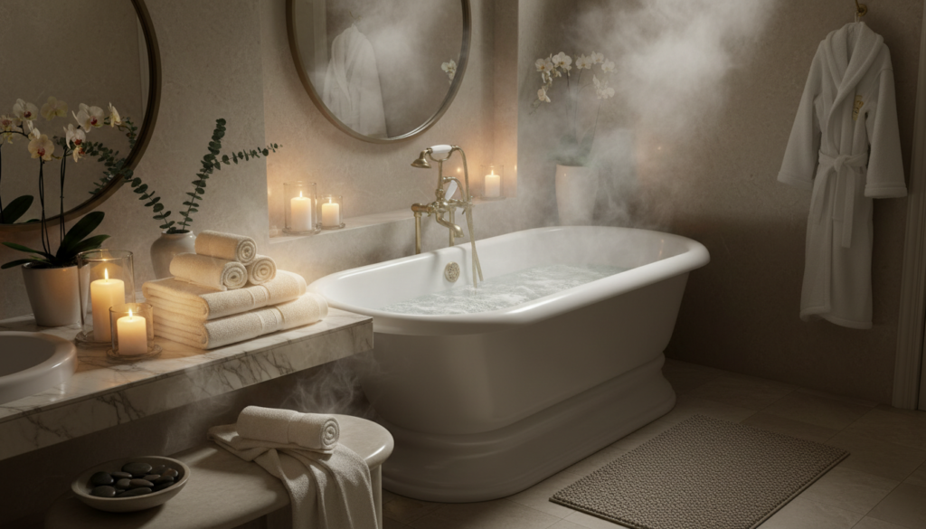 A luxurious bathroom featuring a Myson towel warmer creating a spa-like atmosphere