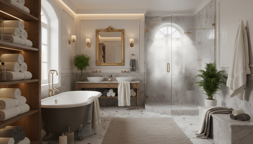 A luxurious bathroom with multiple towels showing the need for choosing the right towel warmer