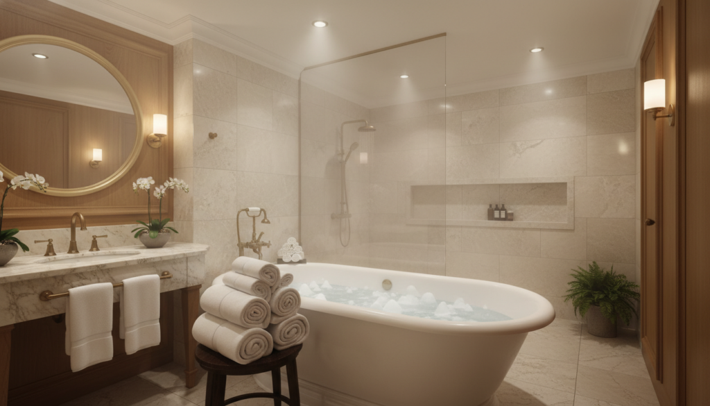 A luxurious bathroom with steam and soft lighting creating a spa-like atmosphere