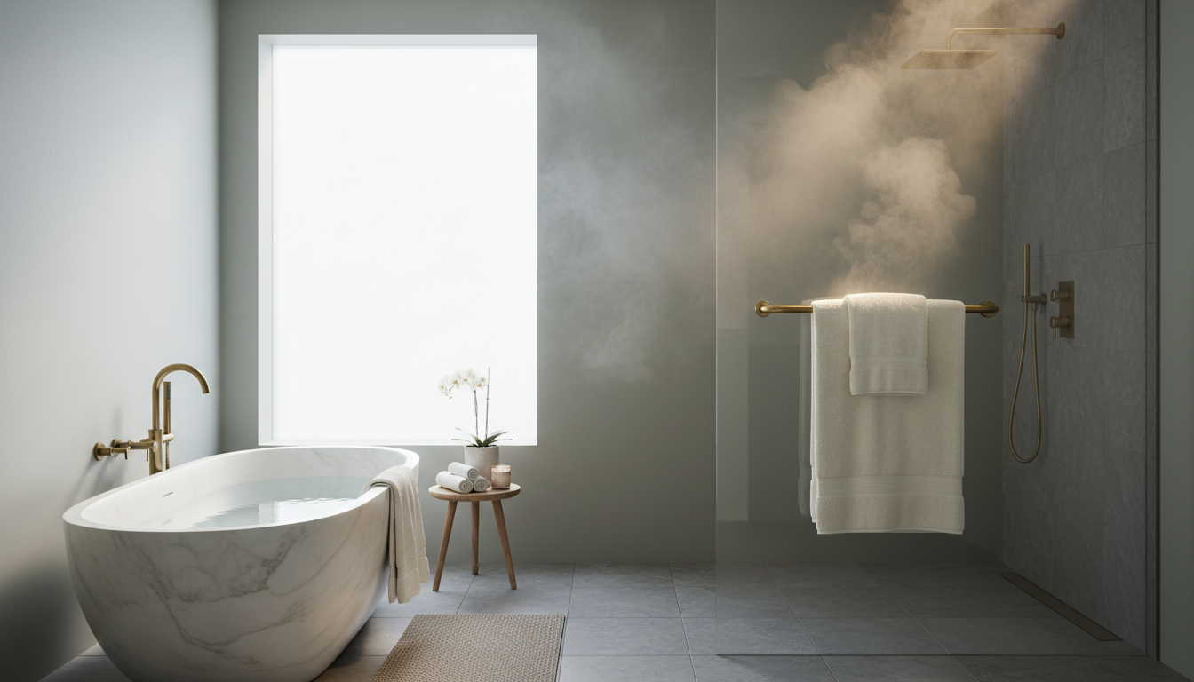 A luxurious bathroom with steam rising from a shower and a warm towel hanging nearby, showing the comfort amba towel warmers provide