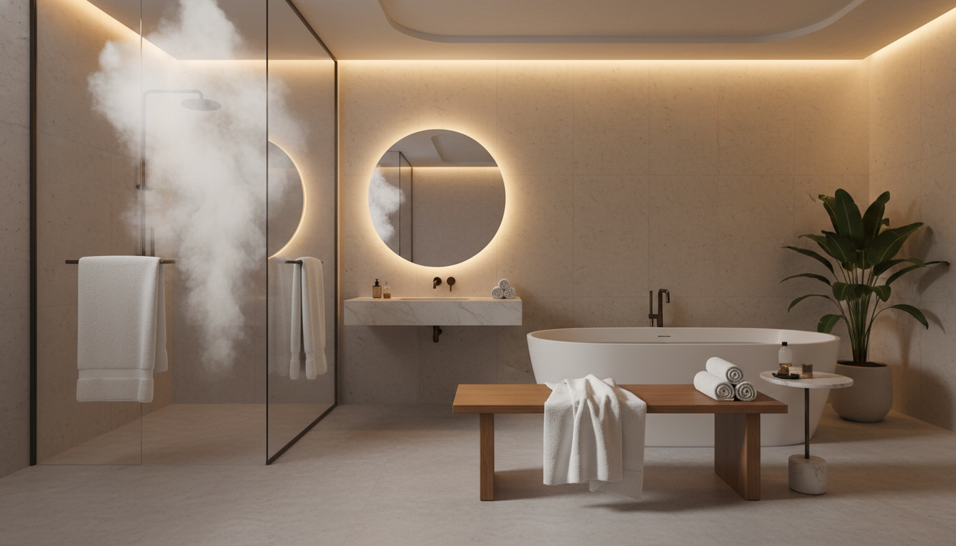 A luxurious bathroom with steam rising, showcasing the comfort ICO towel warmers provide