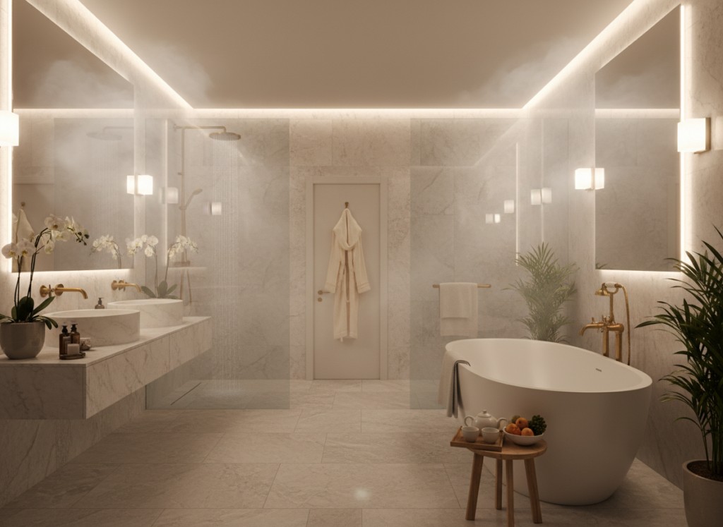 A luxurious bathroom with steam showing the spa-like environment created by towel warmers