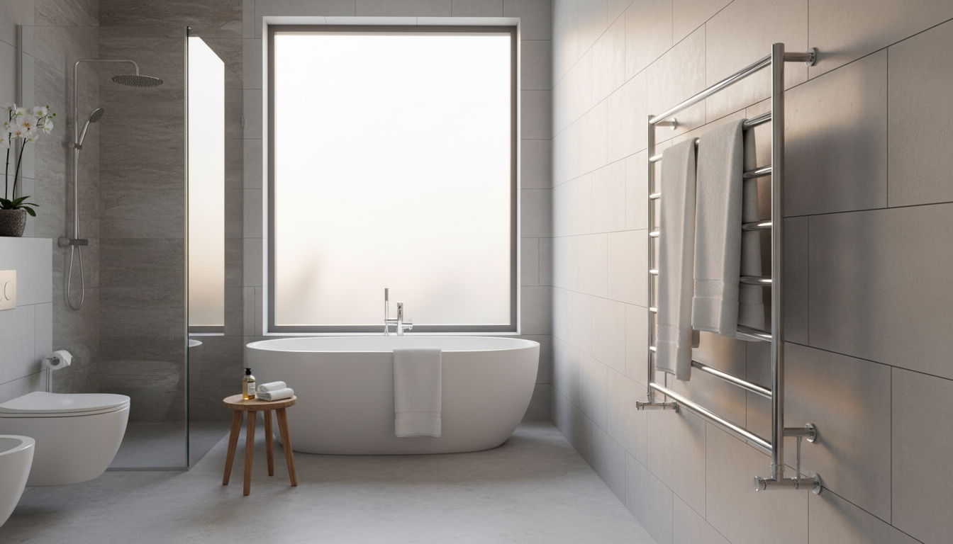 A modern bathroom featuring a wall-mounted towel warmer with fluffy white towels