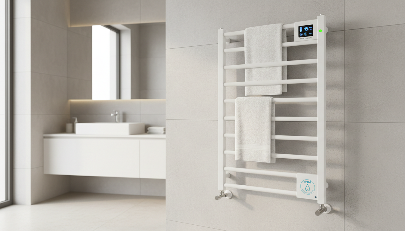 A modern heated towel rack safely installed in a bathroom with safety features highlighted