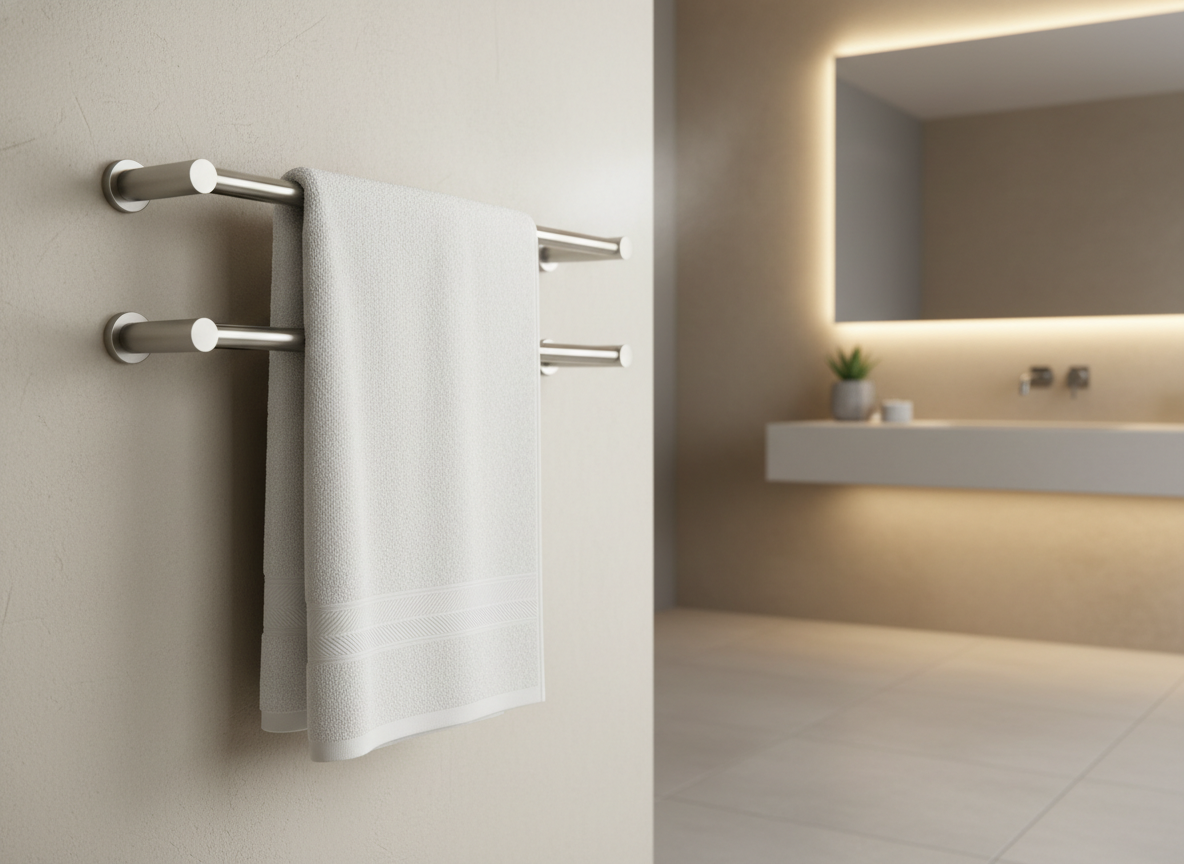 A modern heated towel rail mounted on a bathroom wall with a white towel hanging on it