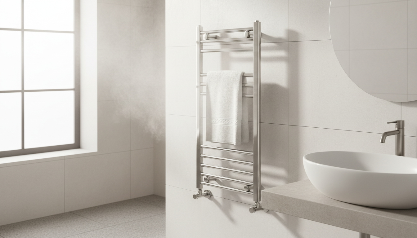 A modern heated towel rail warming a small bathroom with steam visible