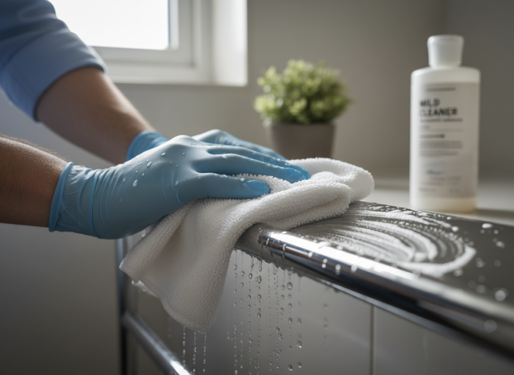 A person cleaning a bathroom surface with a soft cloth