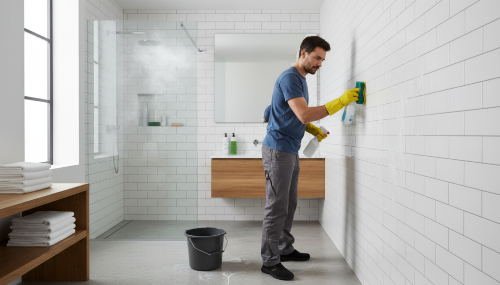 A person cleaning a bathroom wall, representing the maintenance needed for amba towel warmers