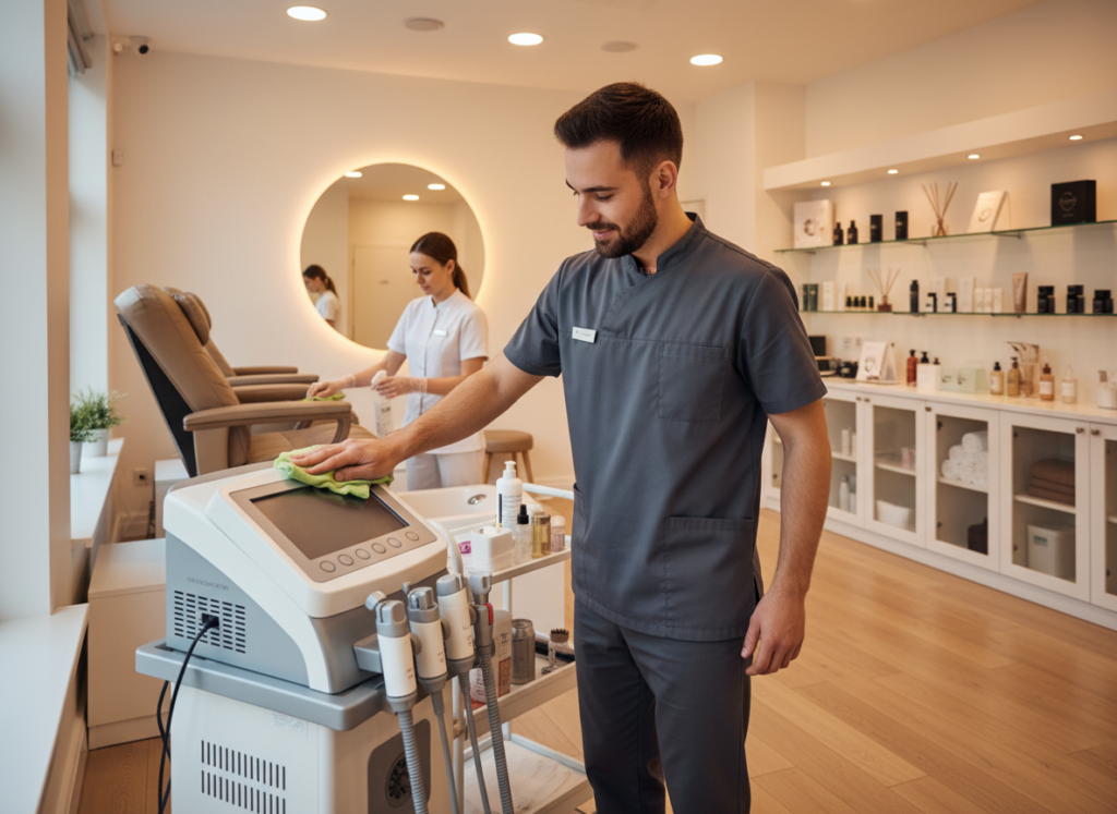 A person cleaning and maintaining a towel warmer cabinet