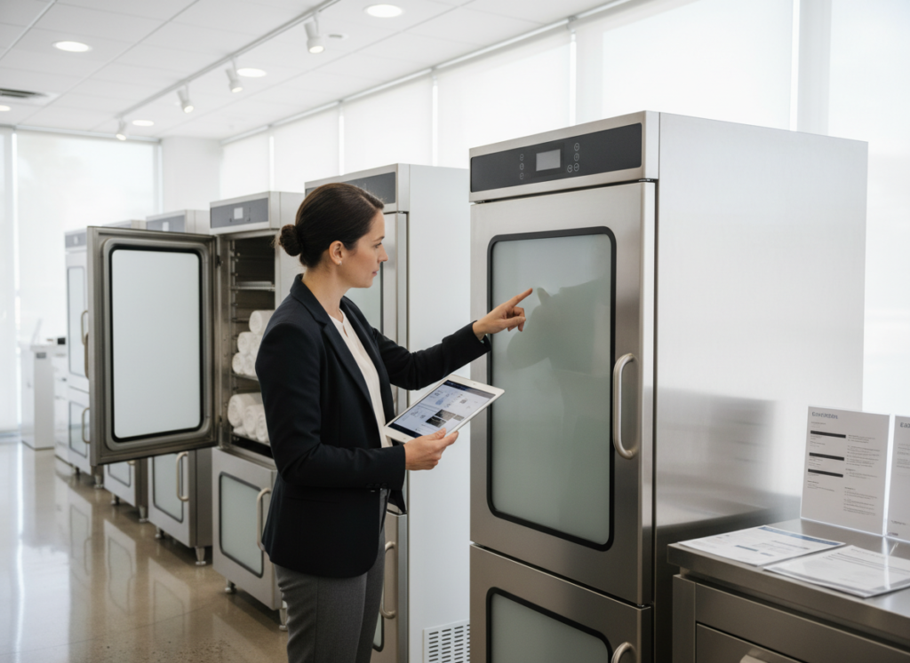 A person comparing different UV towel warmer models in a showroom