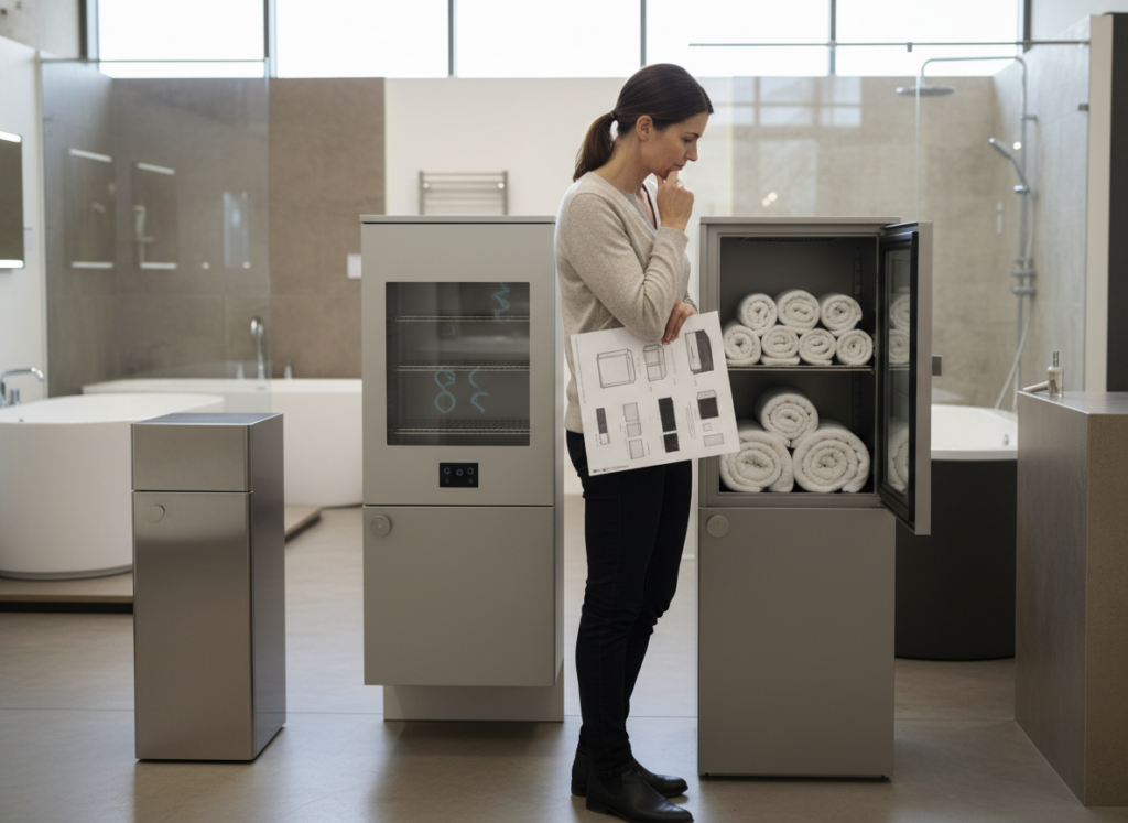 A person comparing different sizes of towel warmer cabinets in a showroom