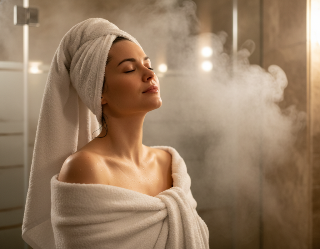 A person enjoying a warm towel after a shower, showing comfort and luxury