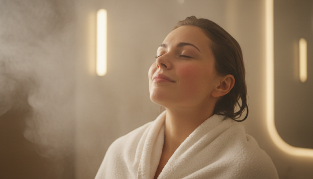 A person enjoying a warm towel after a shower, showing the comfort and luxury that amba towel warmers provide