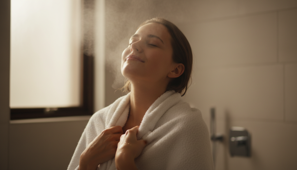 A person enjoying a warm towel after shower, looking satisfied with their bucket towel warmer purchase