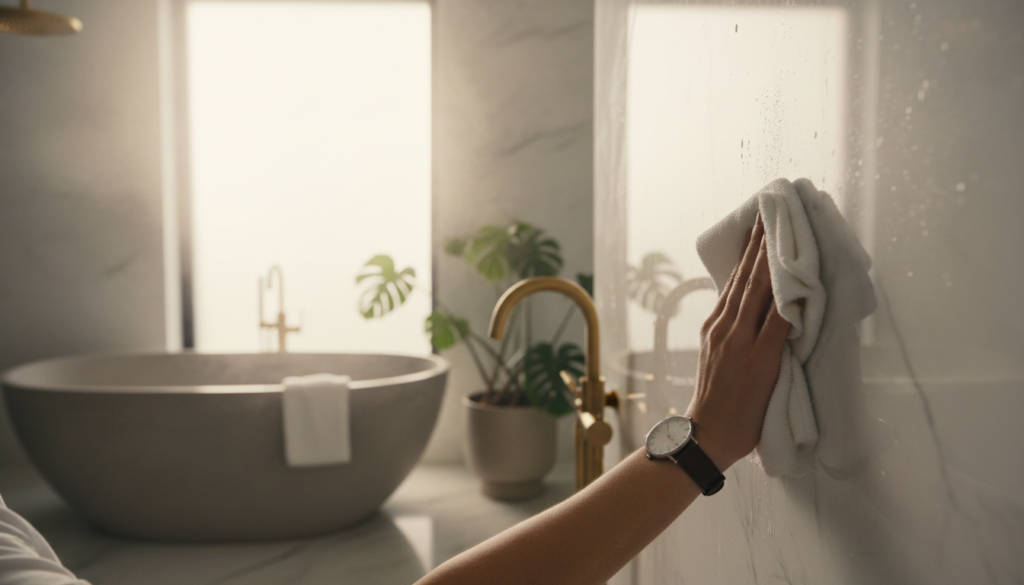 A person maintaining a towel warmer in a luxury bathroom