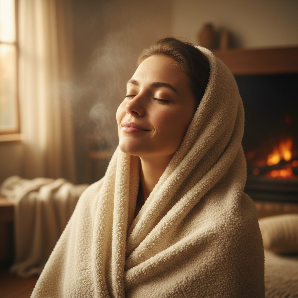 A person relaxing with a warm towel showing comfort and luxury