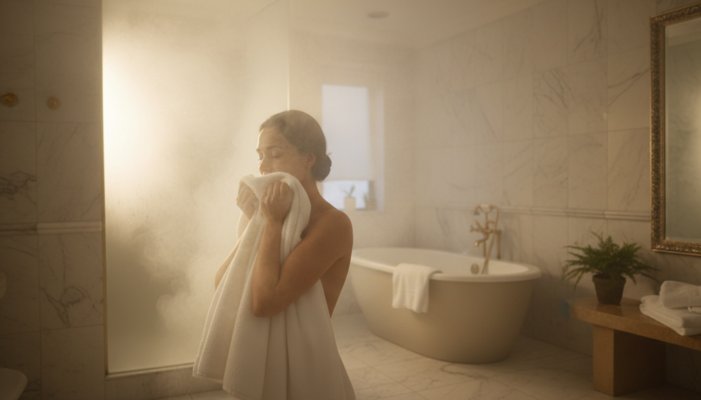 A steamy bathroom with a person enjoying a warm towel, representing the value of a good bucket towel warmer