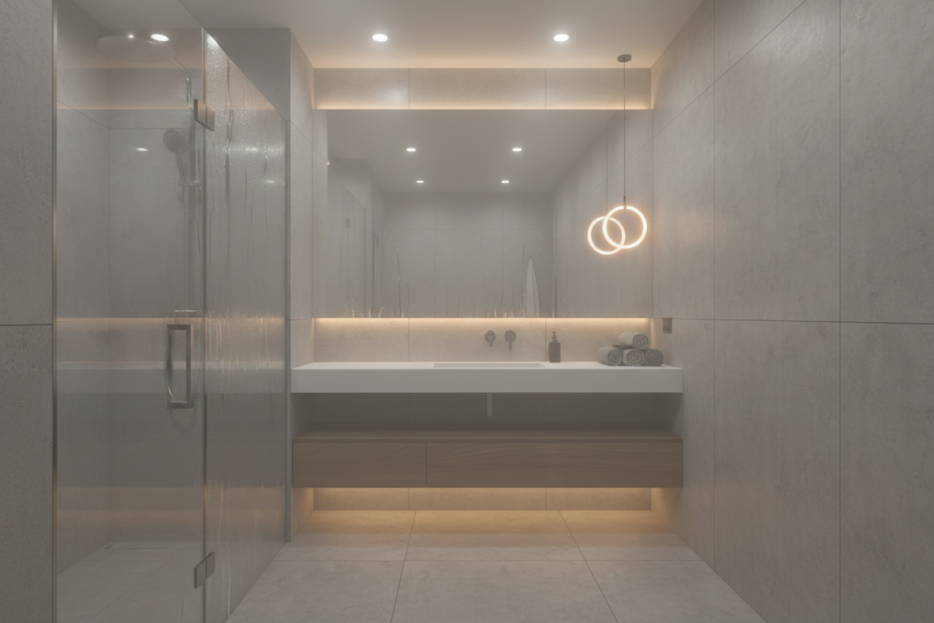 A steamy bathroom with visible condensation on mirrors showing high humidity where a towel warmer would be beneficial