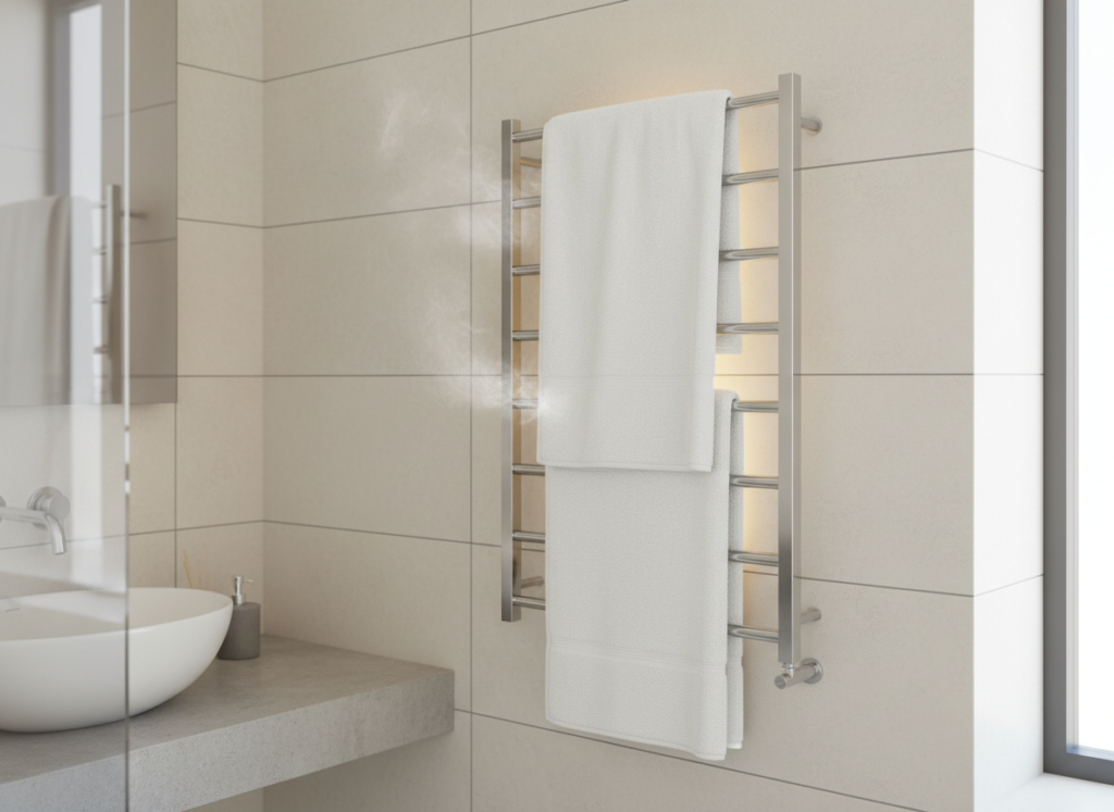 A wall-mounted towel warmer rack with towels hanging, demonstrating space-saving design A wall-mounted towel warmer rack with towels hanging, demonstrating space-saving design