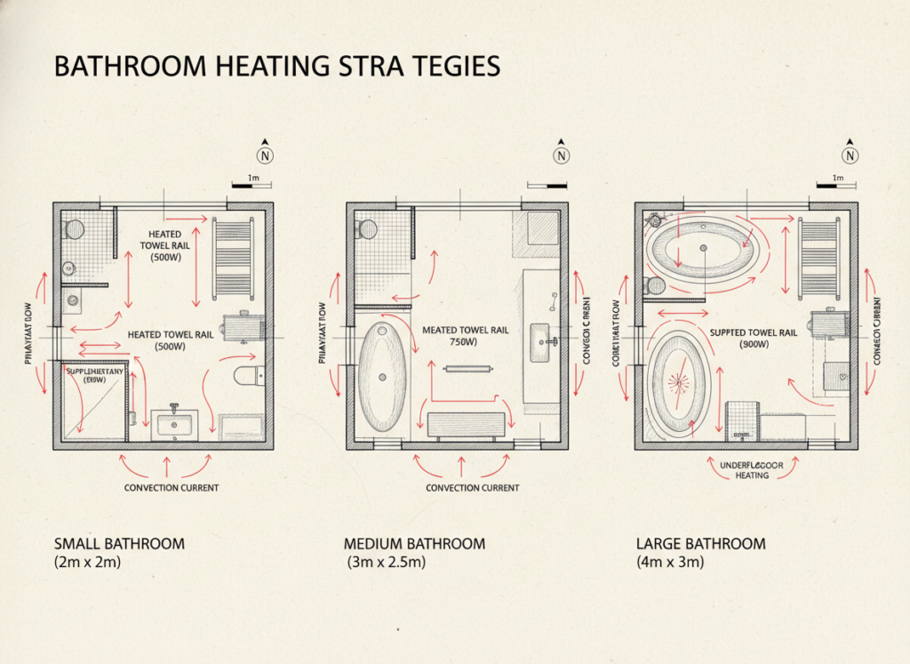Bathroom floor plan showing optimal heating placement Bathroom floor plan showing optimal heating placement