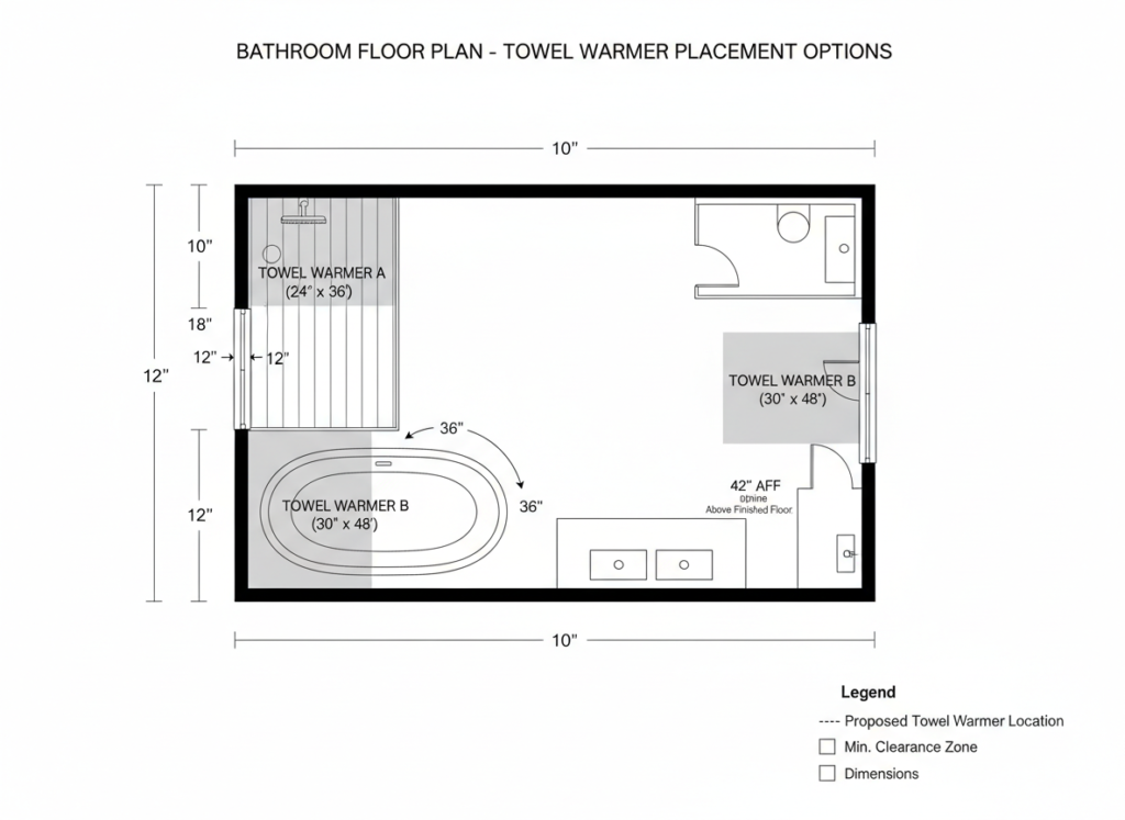 Bathroom floor plan showing optimal towel warmer placement options