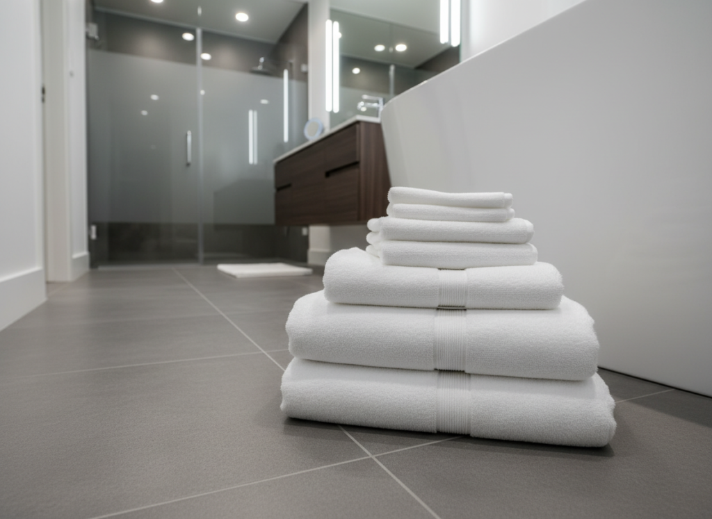 Bathroom floor space with towels, showing the flexibility of freestanding Ancona towel warmers