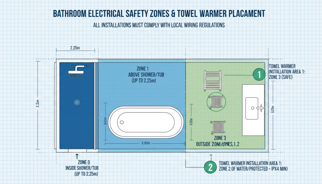 Bathroom safety zones diagram for towel warmer installation
