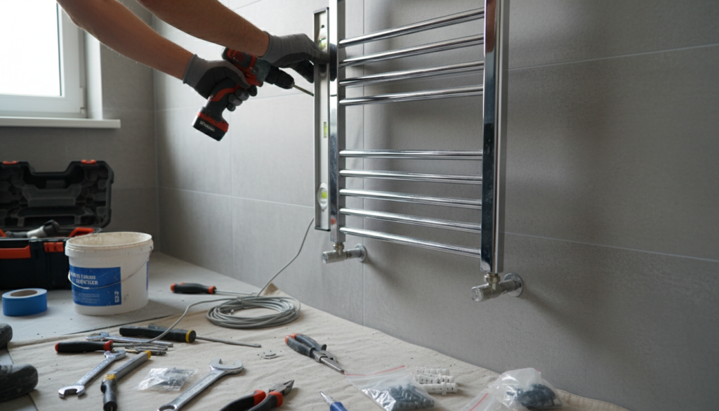 Bathroom showing proper installation of a brass towel warmer