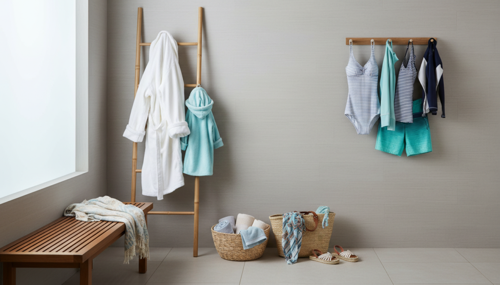 Bathroom showing various items being warmed on a towel warmer besides just towels