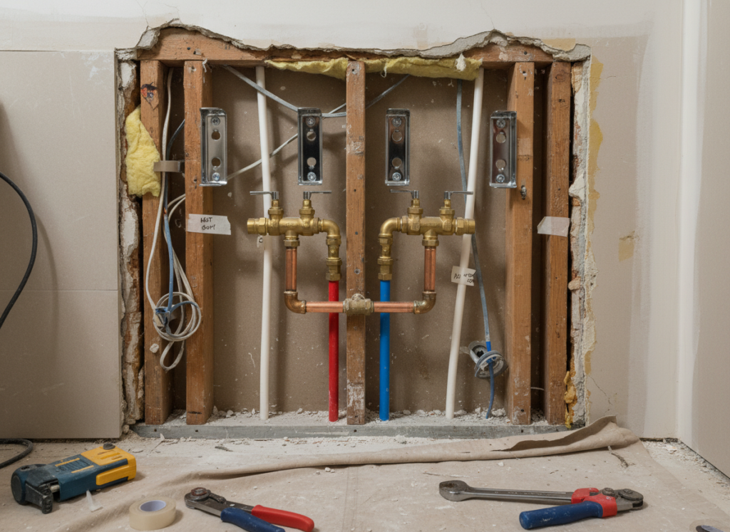 Bathroom wall showing plumbing connections for a hydronic towel warmer installation