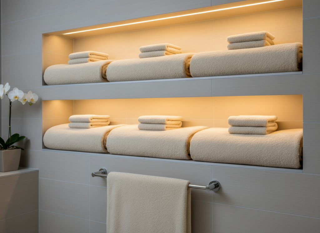 Bathroom wall with towels hanging, showing the space-saving benefit of wall-mounted Ancona towel warmers