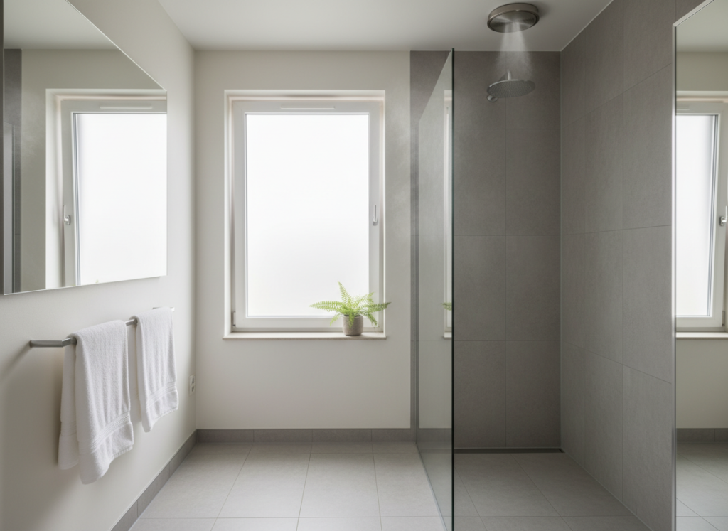 Bathroom with heated towel rack showing reduced moisture and steam Bathroom with heated towel rack showing reduced moisture and steam