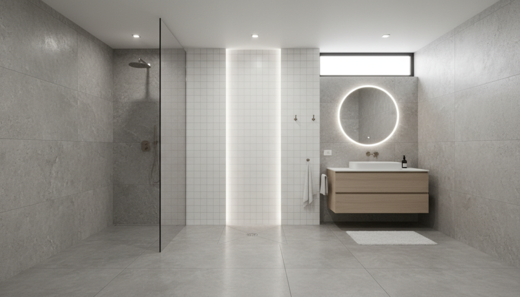 Bathroom with towel warmer installation showing different mounting options Bathroom with towel warmer installation showing different mounting options