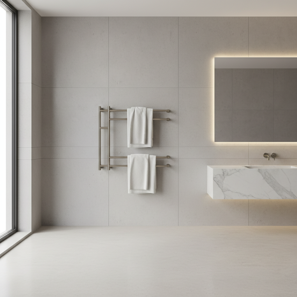 Bathroom with wall-mounted heated towel rack saving floor space Bathroom with wall-mounted heated towel rack saving floor space