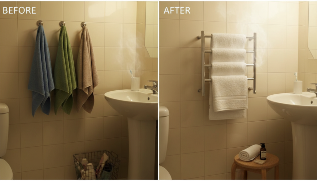 Before and after comparison showing a small bathroom with and without a compact towel warmer