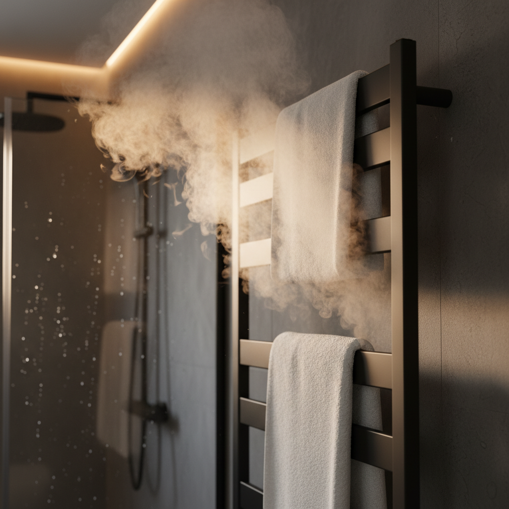 Black towel warmer with steam rising from warm towels