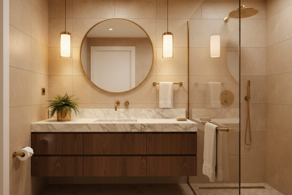 Brass towel warmer adding elegance to a bathroom design