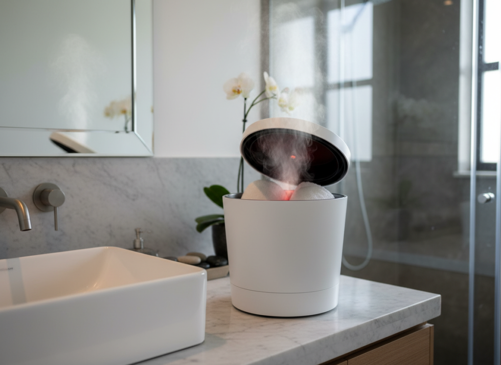 Brookstone towel warmer with steam rising showing how it works