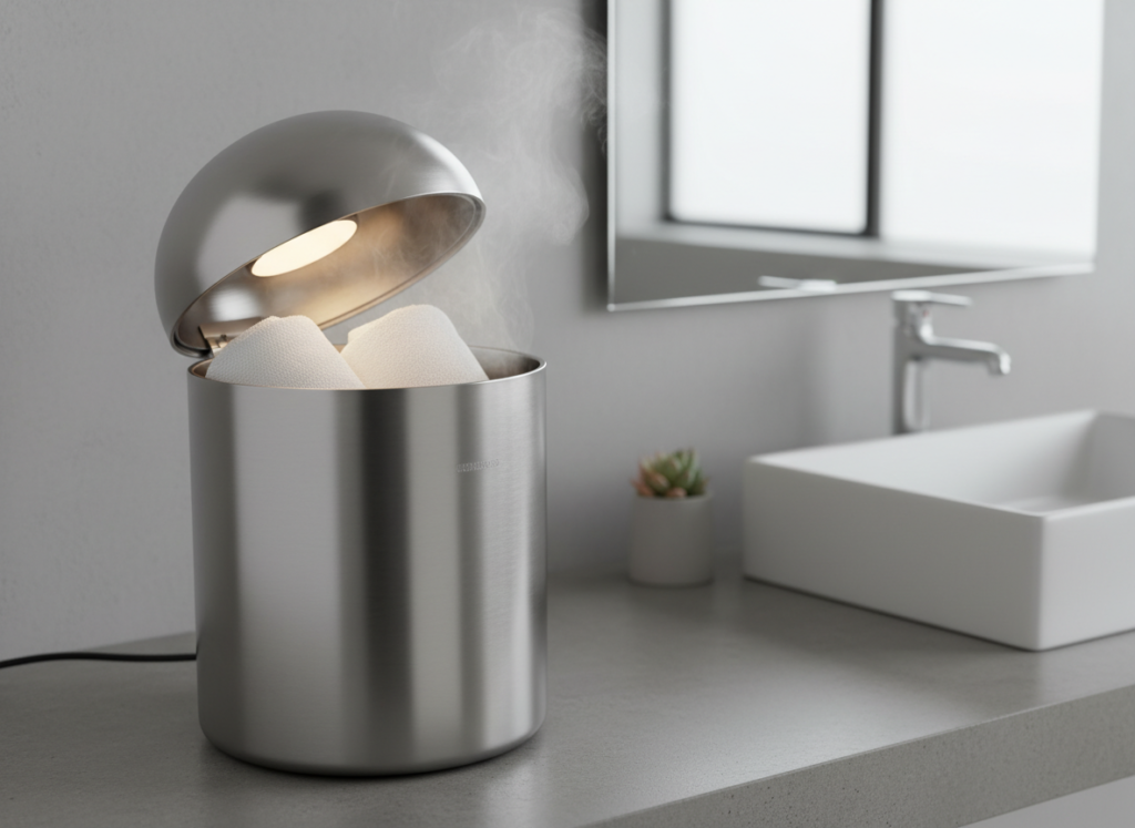 Bucket style portable towel warmer with towel Bucket style portable towel warmer with towel