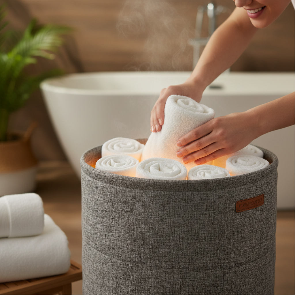 Bucket-style towel warmer with towels being placed inside Bucket-style towel warmer with towels being placed inside