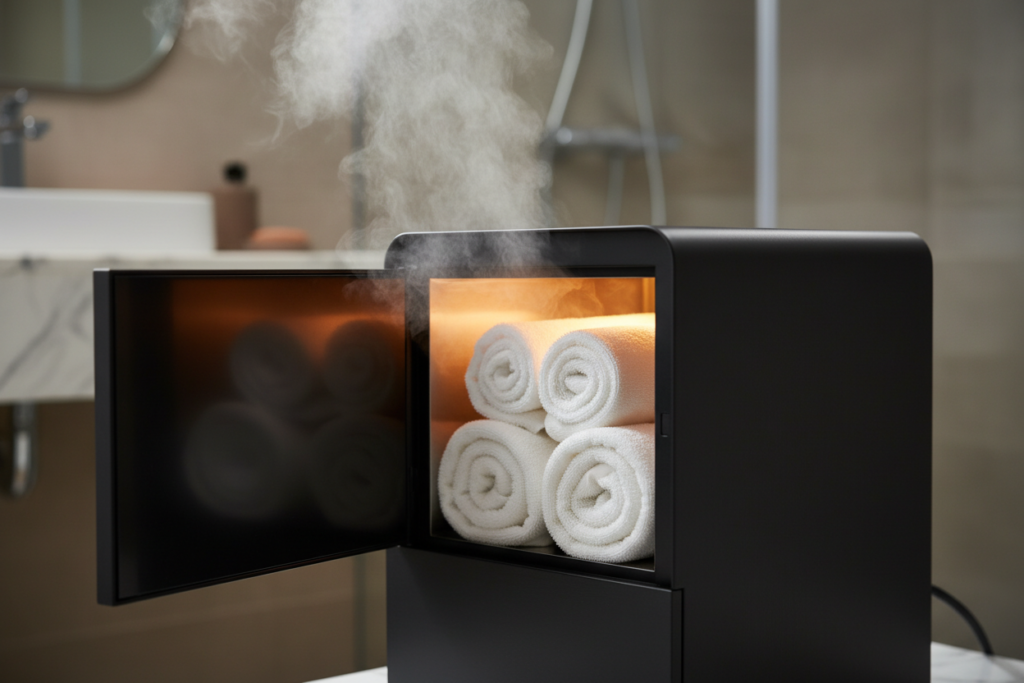 Cabinet-style black towel warmer with towels inside